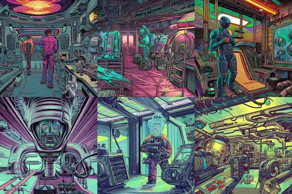 Inside an sifi weaponshop, chiseled jawline, dan mumford and alex grey style