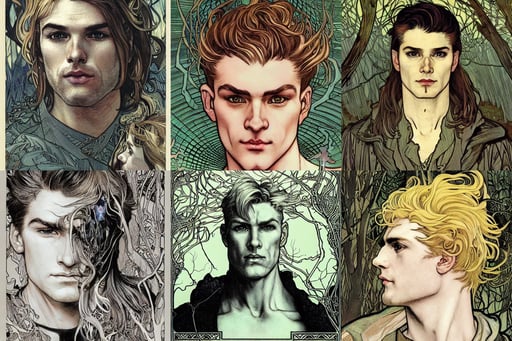 a close up realistic portrait of a blonde man with a chiseled jawline, RossDraws, art by rebecca guay and by arthur rackham and by alphonse mucha and by john william waterhouse, surrounded by glowing eyes in the forest, dark - colored hair, glowing white lasers, with long auburn hair, post grunge screen print poster, infographic for imaginary animals, Rafeal Albuquerque, eiffel tower, black-hair, dystopian mood, trending on artstation cgsociety, featured on behance, claymore anime background, midnight zone, by magali villeneuve, paws