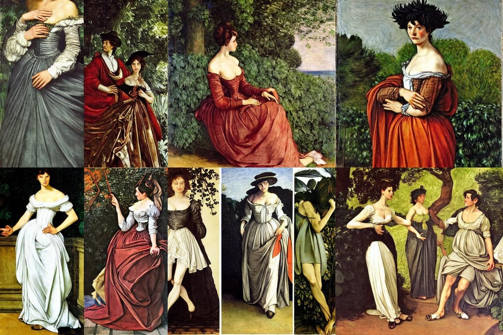 Regency heroine wearing dress made of leaves, art by Michelangelo Merisi Da Caravaggio, art by Albrecht Dürer, art by Claude Monet, art by Domenikos Theotokopoulos