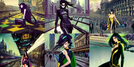 “Melbourne goth hipsters future year 2070 Flinders station, bent over, long green hair, Joshua Middleton art, gaudy colors, magic fantasy, levitating high tech boats drive in the sky by greg rutkowski and makoto shinkai, a video game store setting, adriana lima : : as bumblebee cyborg woman by marvel : : by weta, rebecca romijn as the wicked witch of the west, one eye is closed