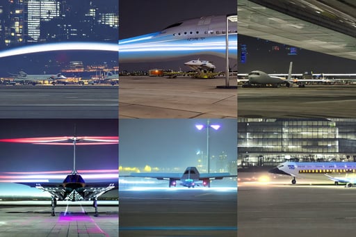 futuristic sci fi jet plane arrives at runway of cyberpunk airport at night, Kinu Nishimura