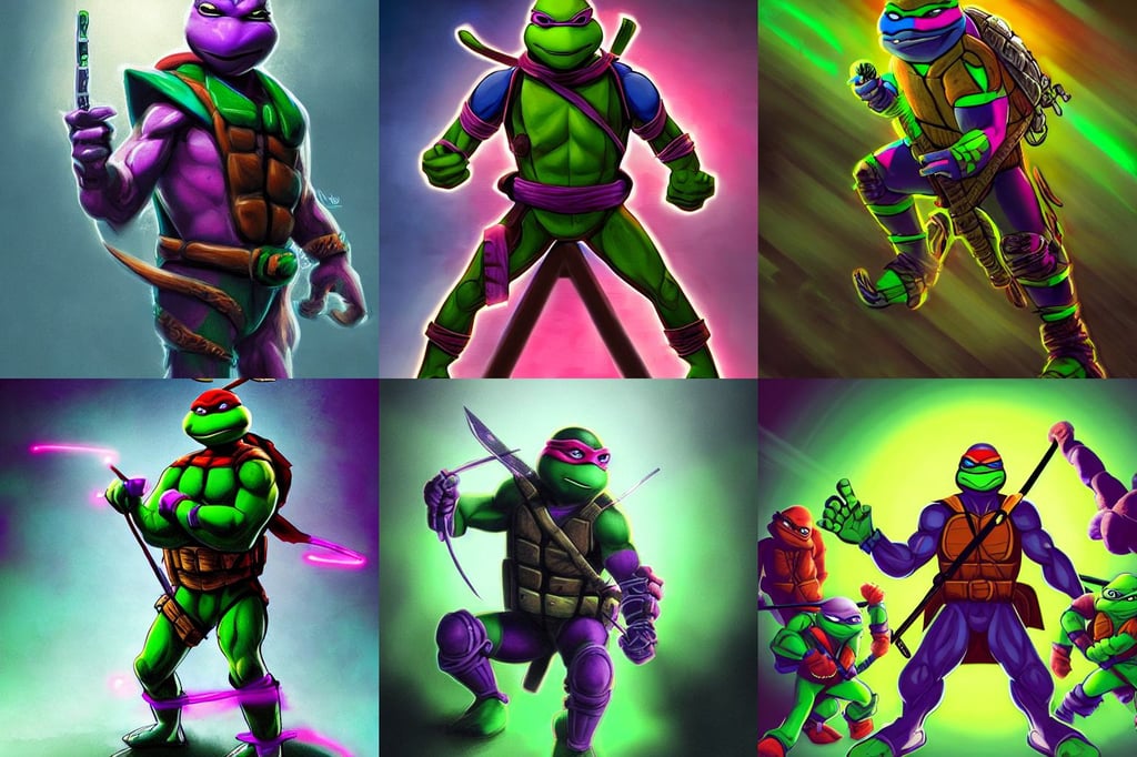 Teenage mutant ninja turtle character concept art by carlos huante, straps, scholarly, glowing fluorescent velvet neon blacklight hues and saturation, semi realism, magical atmosphere, trevor henderson, stormy sky, grapes