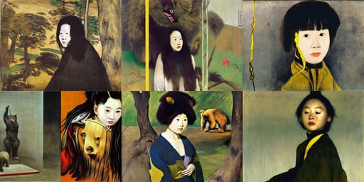 young Chinese wild woman with rolled eyes, art by Marcel Duchamp, art by Francisco De Goya, trees, rougish, A Bear Called Paddington, black and yellow shinobi shōzoku, welding sparks flying, art by Gerhard Richter