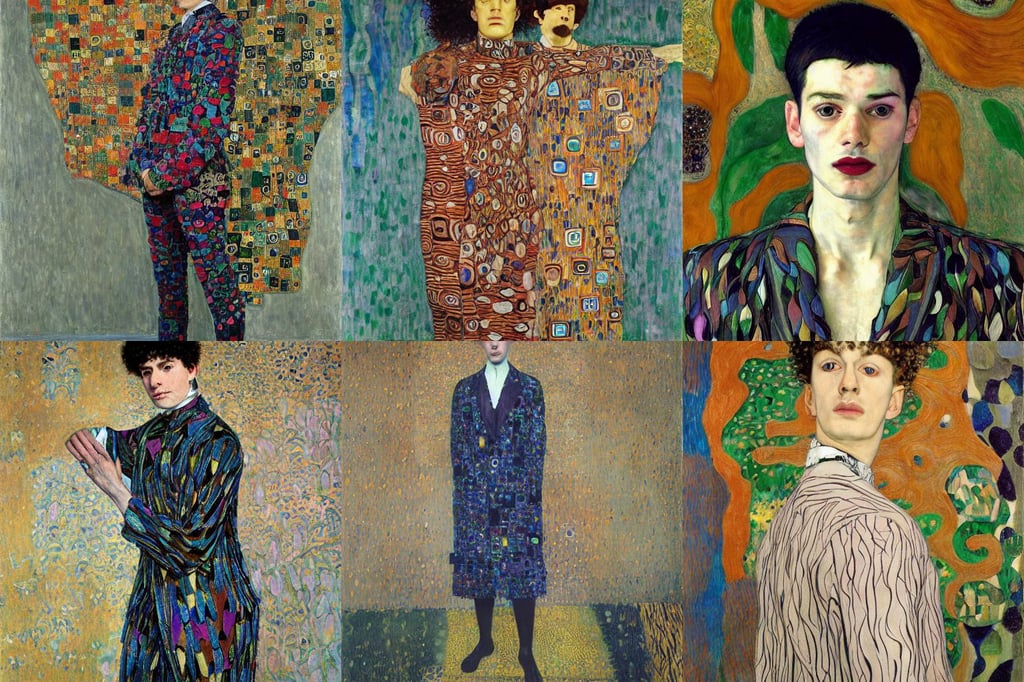 nonbinary person wearing suit made of leaves, art by Gustav Klimt, art by Jenny Saville, art by Domenikos Theotokopoulos, art by Henri Matisse, art by Rembrandt Van Rijn, art by Michelangelo Buonarroti, art by Piet Mondrian, art by Tiziano Vecellio Di Gregorio, rougish, power lines, art by Paul Gauguin, intricate picture frame, art by Edward Hopper, art by Francis Bacon, and Shinkai Makoto, venice style, art by Gustav Klimt, art by Vincent Van Gogh