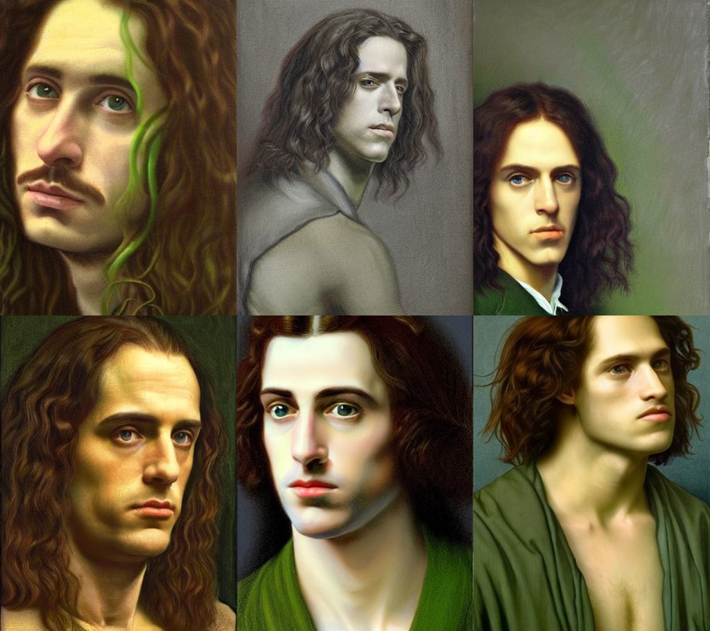 symmetry!! portrait of seinfeld, moody light, Pre-Raphaelite, detailed detailed detailed, young with long hair, green skin!