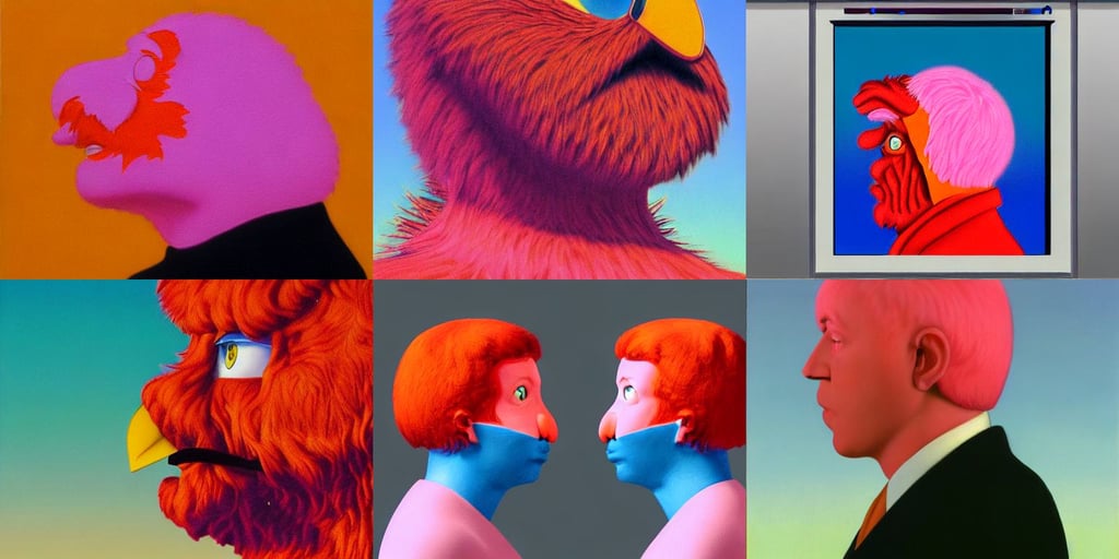 a vibrant ultraclear sideview waist up portrait of elmo by rene magritte, public shame, procedurally generated, pastel pink and orange skin tones, epic 8 k hd anime shot, cinematic atmosphere