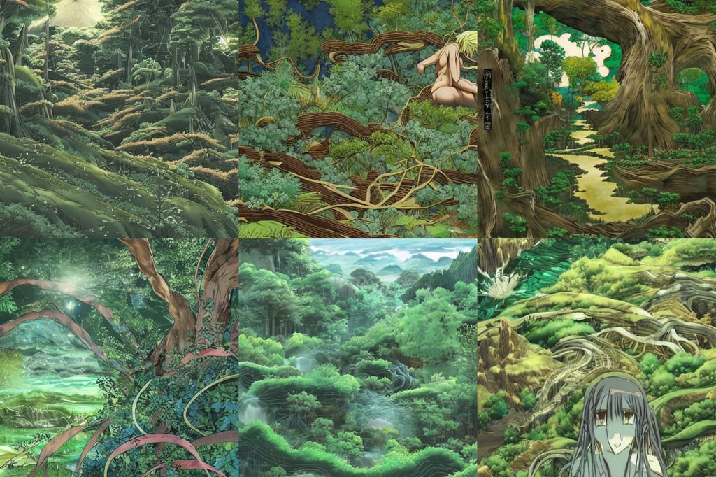 Anime landscape from Kanoyo Okarishimasu, art by Jackson Pollock, art by Michelangelo Buonarroti, Variated Greenery, Cinematic + Nikon TF420, Houdini-Render, overgrown forest, overgrown forest, bold and thin ink lines 8k, house crest, umbilical cord, art by Andrea Mantegna