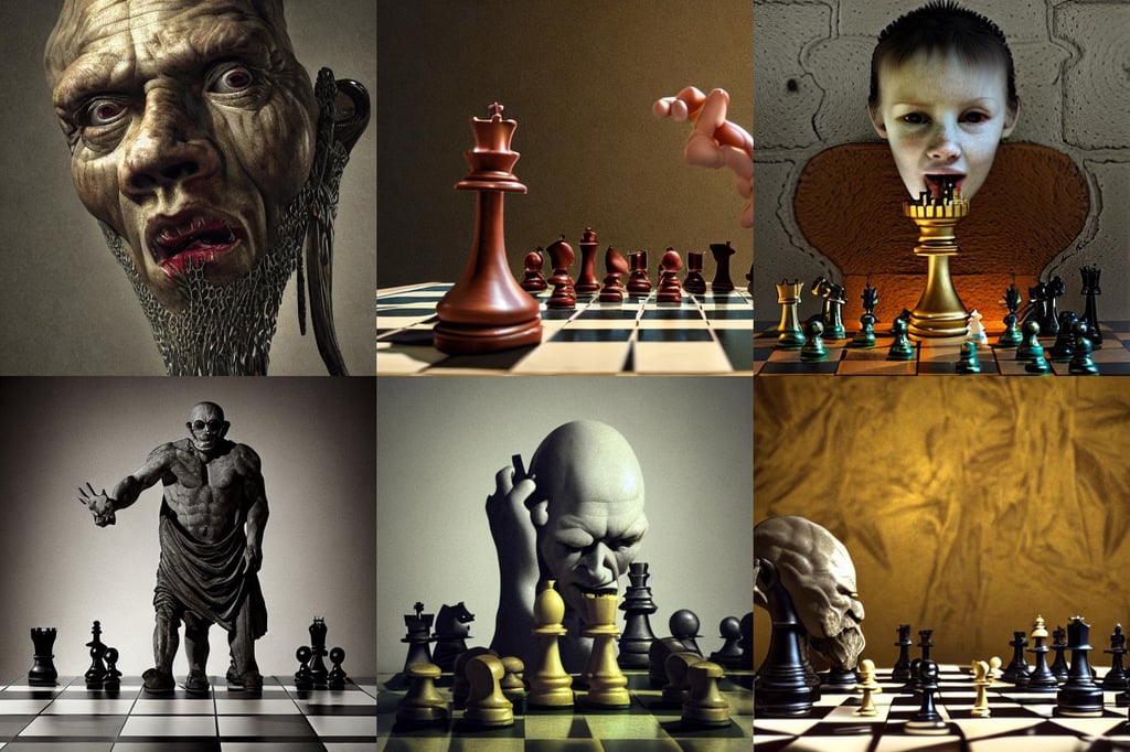 chess 8k digital render gigantic scary, liberty, forest dwelling humanoid, Accent Lighting, art by Michelangelo Merisi Da Caravaggio, clever, horror, art by Gustav Klimt, Animation Concep..., centered-shot, Octane render, by Weta Digital, trending on ArtStation, art by Tiziano Vecellio Di Gregorio, micro details, art by Artemisia Gentileschi