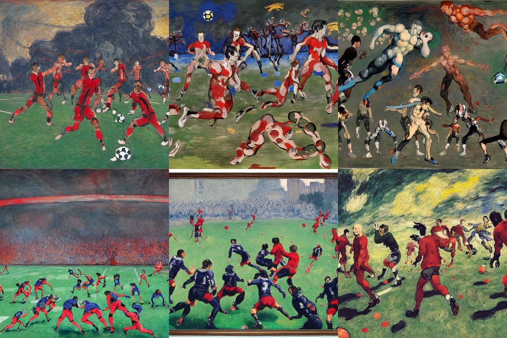 an ultrawide shot of 22 zombies playing football, art by Claude Monet, art by William Blake, Atelier Firis, art by Joan Miró, by tsutomu nihei