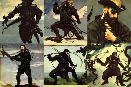 corvo wearing venom in the style of Terry Pratchett, digital art, art by Winslow Homer, art by Sir Peter Paul Rubens, big arms, art by Sandro Botticelli, art by Leonardo Da Vinci, photo, opalesence