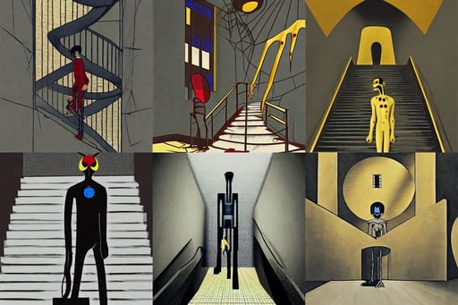 two dark man walking inside futuristic abandoned staircase, and Shinkai Makoto, art by Joan Miró, brutalism, digital art, spider legs, gold necklace--iw 1.1, art by Paolo Uccello