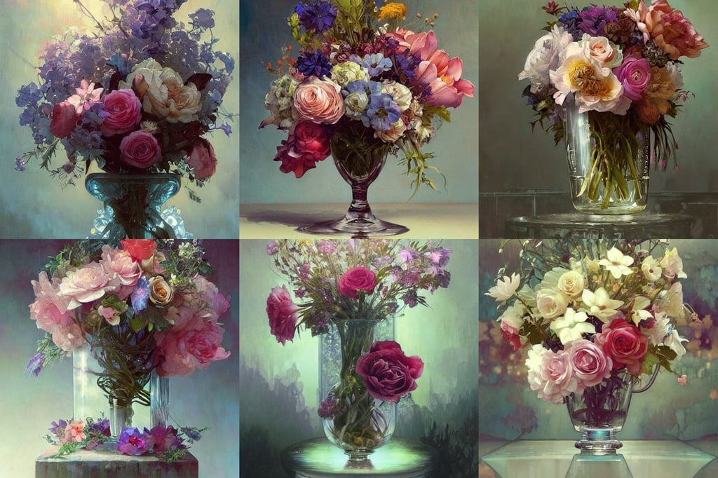 lush flowers in a crystal vase by jeremy mann and greg rutkowski, accompanied by a wolf dog, short focus depth, Alphonse mucha, Vladimir Manyukhin artstation, lois van baarle and loish and ross tran and rossdraws and sam yang and samdoesarts and artgerm, ultra beautiful face, 4k oil on linen by wlop, professional studio lighting, giygas organic being