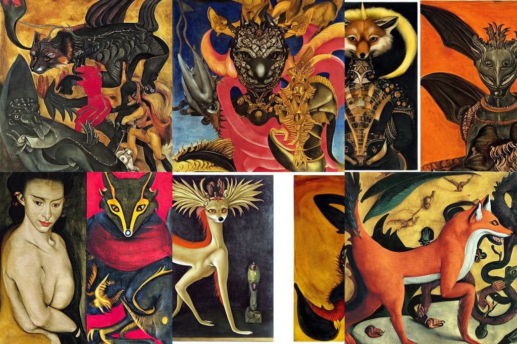 anthropomorphic highly detailed fox wearing dragon armour, black, art by Paolo Uccello, dark yellow and pink tones, art by Sir Peter Paul Rubens, art by Magdalena Carmen Frida Kahlo Claderón, twilight, art by Michelangelo Merisi Da Caravaggio, art by Andrea Mantegna, mid air jump footwork, art by Edvard Munch