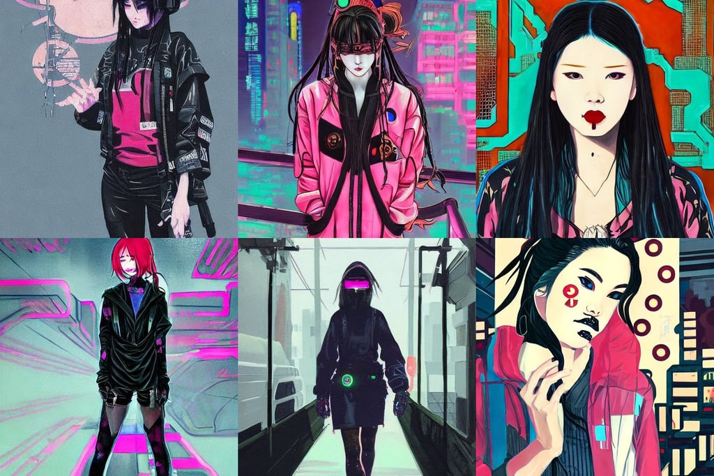 a beautiful ukiyo painting of girl wearing cyberpunk streetwear