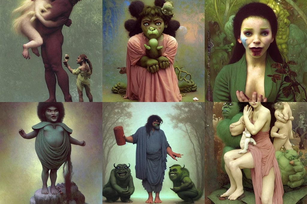 lots of weirdness and repetition because the model isn't built to work at this size, cold hue's, Hulk costume, very very very cute Hairy Troll in a happy world by Daniel Merriam, African American elegant girl, style of android jones and makoto shinkai, painting oil on canvas by William-Adolphe Bouguereau and Edmund Blair Leighton, plume made of intricate detailed geometry, trending on artstation by artgerm and greg rutkowski and alphonse mucha, WLOP Jeremy Lipkin, (colour) eyes, from an otherworldy unknown undiscovered earth