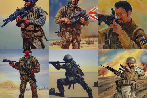 a painting of a character fighting in the gulf war holding a Gun by Shinji Aramaki