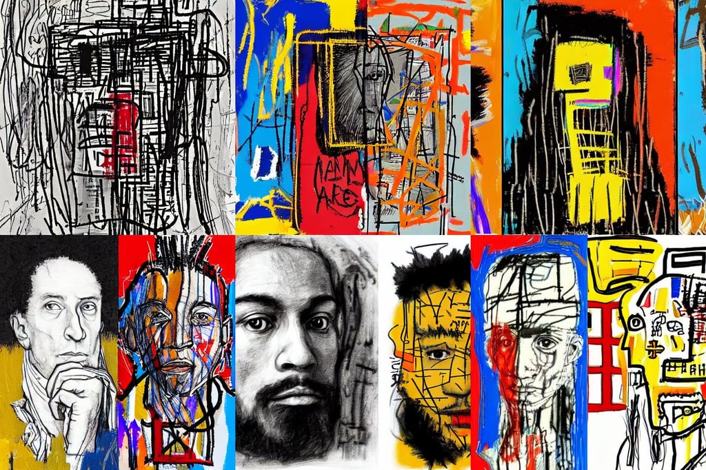 quick and dirty digital sketch, art by Albrecht Dürer, art by Jean-michel Basquiat, art by Piet Mondrian