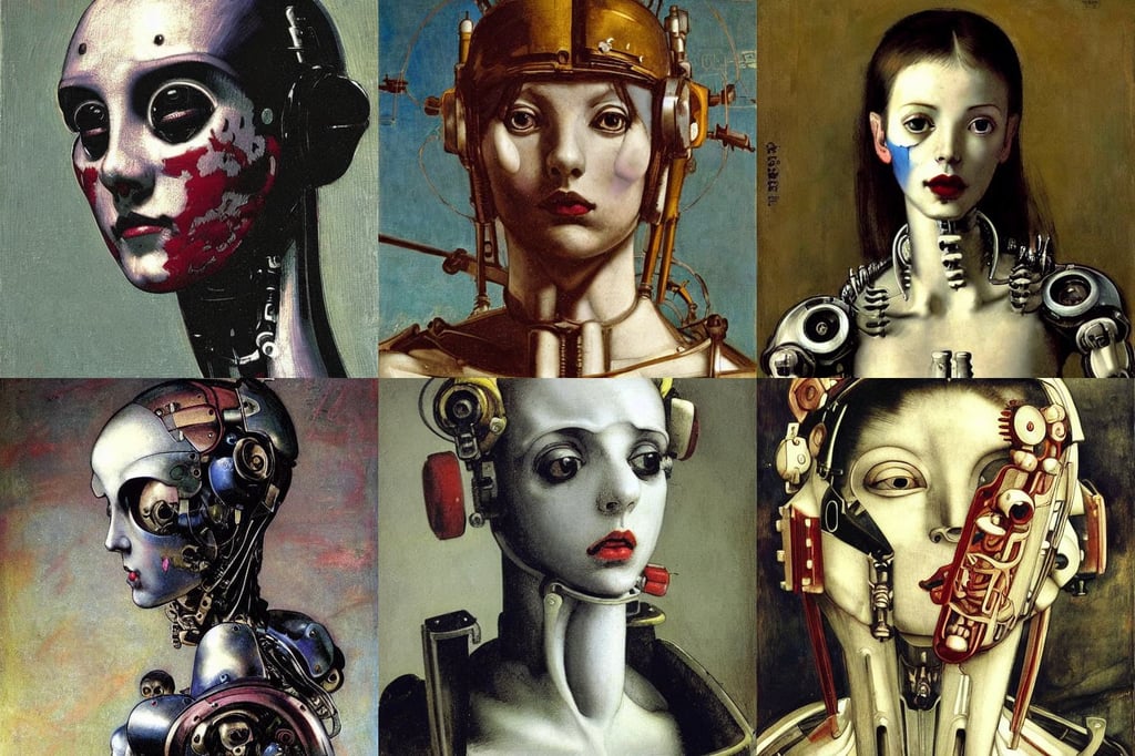 beautiful haunting young android mechanical robot girl, art by Eugène Delacroix, art by Tiziano Vecellio Di Gregorio, row of teeth, elegant, concept art, big pecs, cinematic, hyper maximalist, by Wētā FX, art by Albrecht Dürer, art by Jackson Pollock, symmetrical face, clever