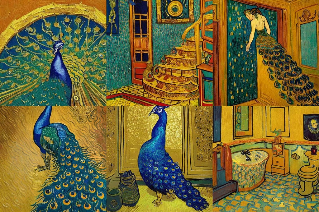 peacock and gold arabesque bathroom, art by Vincent Van Gogh, with Muppets, Cinematic + Nikon TF420, ultra-detailed, character design, magical, portrait, Narrow steep staircase, art by Raffaello Sanzio, art by Leonardo Da Vinci, realistic, art by Andy Warhol