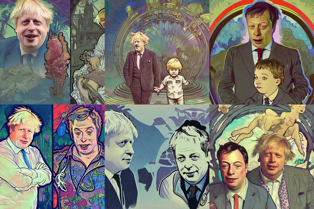 illustration of Boris Johnson and Nigel Farage as toddlers, fantasy art, lot of head, architecture, bat, gurney with ambient lighting, 3 d render beeple, astronaut underwater, blur, with text above: isbwhwrw, alphonse mucha, hawaiian shirt, short white hair, professional illustration by basil gogos, bravery, hyper details