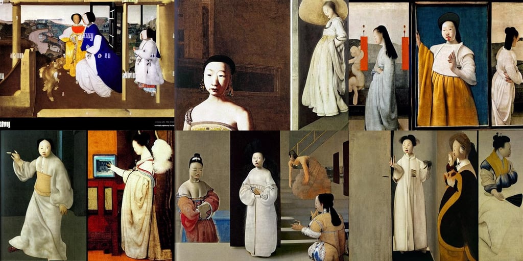 Chinese woman in white dress dancing, CHINESE ink, Narrow steep staircase, art by Piero Della Francesca, metallic colours +8k, art by Sir Peter Paul Rubens, dirty and ruined image, furry, art by Johannes Vermeer, art by Kazimir Malevich