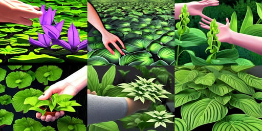 3 d render of a human hand reaching towards abundant flowering hosta plants!!!, breathtaking comic style fantasy art