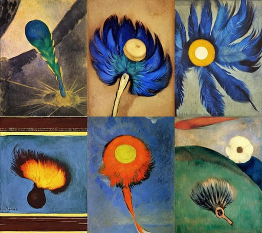 single blue flamed feather. Unreal engine., art by Joseph-mallord William Turner, art by Henri Matisse, art by Paolo Uccello, vector illustration, art by Artemisia Gentileschi, art by Paul Cézanne, heterochromia, art by Winslow Homer, art by Hilma Af Klint, extreme quality, atomic bomb mushroom cloud by Miyazaki