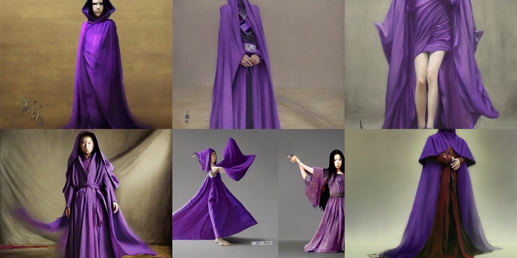 cloaked mage, hyper realism, Ruan Jia and Fenghua Zhong, wearing purple strapless dress