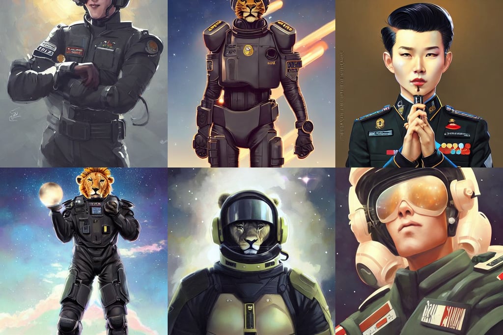 retrofuturistic portrait of a lion in astro suit, in black military uniform, Sung Choi, worth1000.com, corporate business, krenz cushart and ilya kuvshinov and artgerm, by emylie boivin and rossdraws