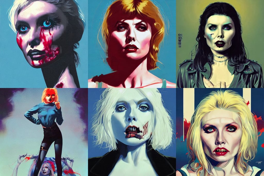 portrait of young debbie harry as a zombie, perfect straight lines, entertaining, digital blueprint, by Huang Guangjian and Gil Elvgren and Sachin Teng, blue sky background, artgerm and greg rutkowski and magali villeneuve. acrylic painting.