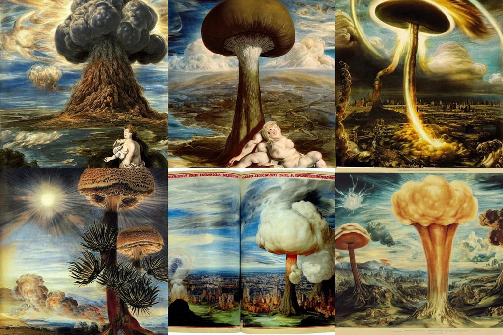 encyclopedia contains list of all flora information on earth, atomic bomb mushroom cloud by Miyazaki, skyscrapers in the distance, n..., art by Sir Peter Paul Rubens