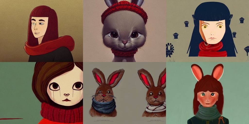 portrait of a ranni from elden ring, short brown hair, cognitive Coherence cohesive character illustration, still from a Wes Anderson film, gilleard james, very very very cute disney pixar friendly bunny character wearing a scarf, black  and red scheme, eyebrow scar