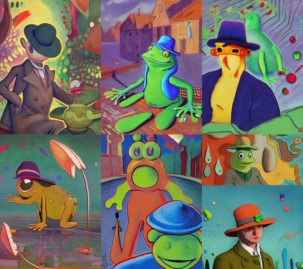 Anthropomorphic Frog wearing a jacket and hat, movie scene, Animation Concept Art, art by Henri Matisse, wide-eyed, by WLOP, art by Wassily Kandinsky - Photo, hyper maximalist, Dan Mumford and Studio Ghibli, granblue fantasy, sweet, dreamy, commission for, art by Leonardo Da Vinci, art by Jan Van Eyck, photography, fullbody, art by Magdalena Carmen Frida Kahlo Claderón, medieval heraldry, art by Paolo Uccello, art by Raffaello Sanzio