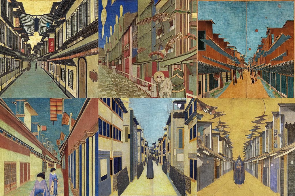 a street in a japanese suburb, row of teeth, intricate details, art deco, from another world, art by Giotto Di Bondone, detailed, art by Claude Monet, insect wings, art by Giotto Di Bondone