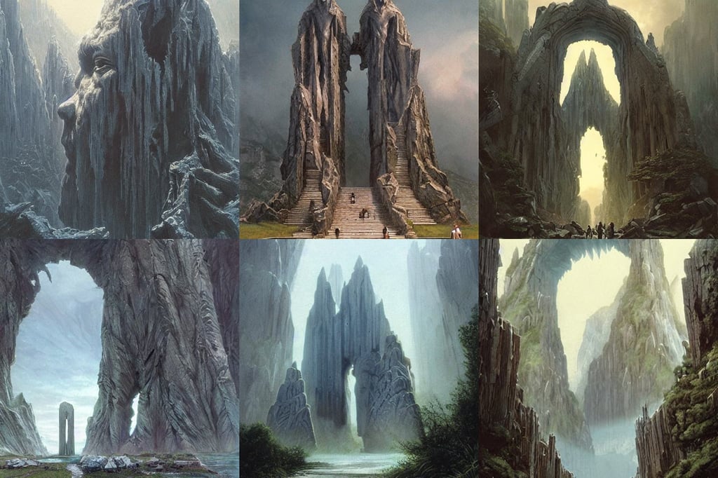 the gates of argonath, giant head statue ruins, high - quality digital concept art, art by artgerm and greg rutkowski!, taken in the early 1970s