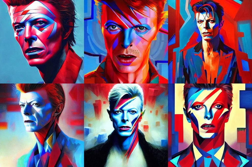 a satir, portrait of david bowie lost in the maze, incredibly beautiful, bravery, western, cubo - futurism, red and blue, artgerm and greg rutkowski