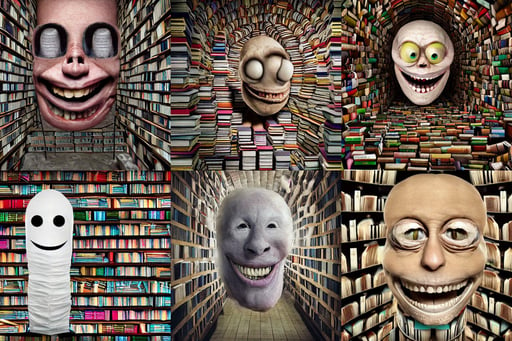 highly detailed surreal vfx portrait of a smiling monster in a catacomb of books, draped in transparent cloth