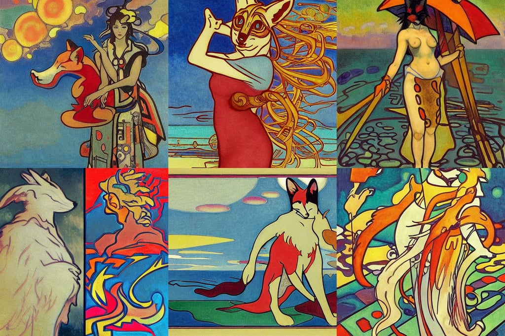 Kitsune fox furry kemono antrhopomorphic, synthwave style, art by Eugène Delacroix, art by Piet Mondrian, art by Wassily Kandinsky, and intricate clouds on the Aegean shore. Drawn in the style of Alphonse Mucha, art by Jan Van Eyck, art by Edvard Munch, alena aenami, exposed red and blue wires on arms, art by Vincent Van Gogh