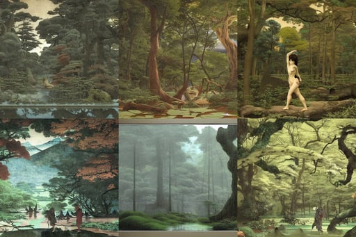 rainy day in japan, Animation ..., frazetta, Wide Angle, art by Nicolas Poussin, forest with symmetrical trees in the background, art by Michelangelo Buonarroti, forest with symmetrical trees in the background, art by Artemisia Gentileschi, Houdini-Render, art by Tiziano Vecellio Di Gregorio, Ultra HD, full figure drawing, along the lake, dirty and ruined image, octane render