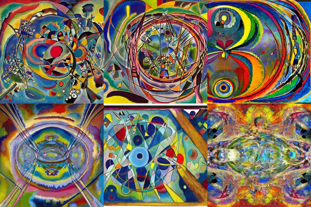a faerie portal to another world, art by Wassily Kandinsky, art by Jackson Pollock, view inside a distorted asymmetrical kaleidoscope, art by Sandro Botticelli, houses