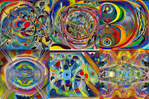 a faerie portal to another world, art by Wassily Kandinsky, art by Jackson Pollock, view inside a distorted asymmetrical kaleidoscope, art by Sandro Botticelli, houses