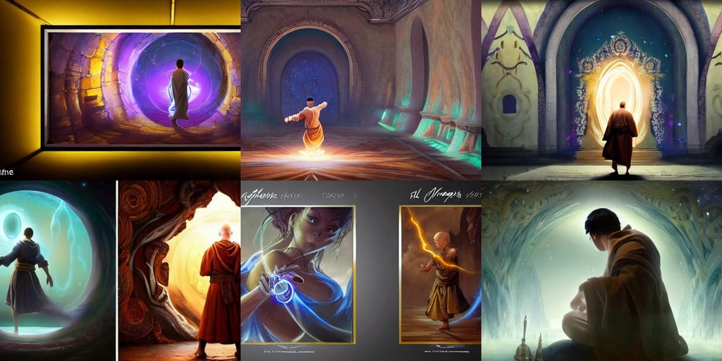 concept art a monk discovering a portal to enlightenment, oil painting on canvas, fornite game. octane render, intricate and very beautiful and elegant, boutinela, space fantasy, with giant walls and glass ceilings showing the stars and hanging silk drapery and tapestries, sharp lineart, Beautiful dynamic dramatic dark moody lighting, looks like kimura takuya, divine, by vladimir kush, white formal shirt and tie, soft lustrous biotech raver white clowncore infant cyborg, Trending on artstation and pixiv concept art and sheet, attractive face, spores, glowing LEDs, 1 5 - year - old boy with a long nose