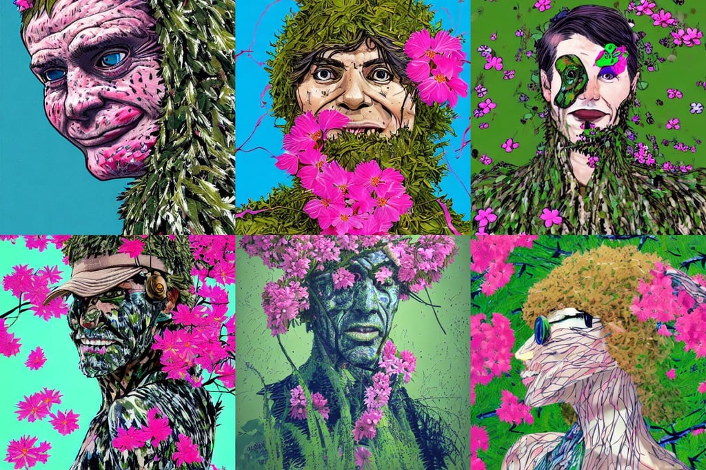 a sniper in ghillie suit with pink flowers, detailed body and face, the riddler, bold lines, blue waves and waters. by ilya kuvshinov, a smiling face in the bark