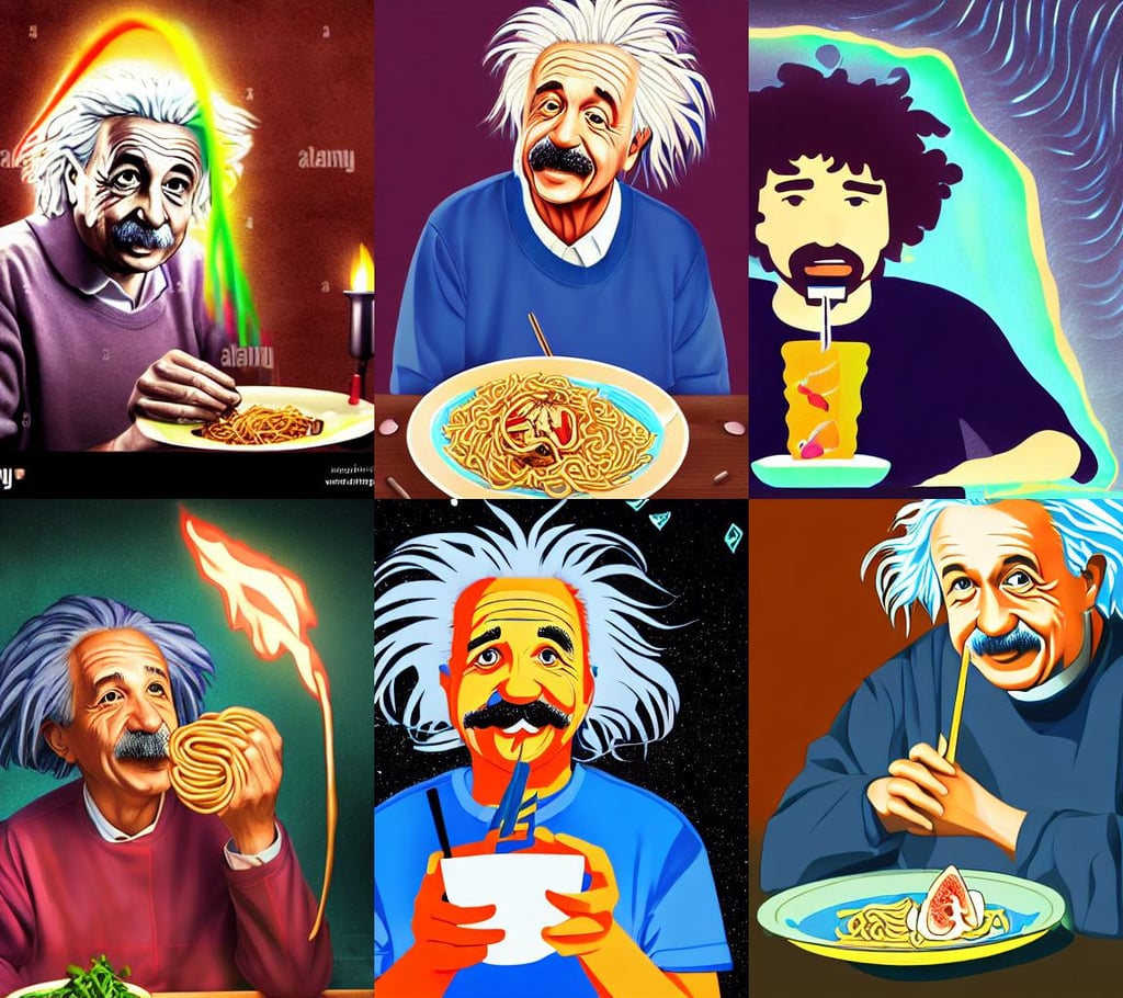 portrait of Albert Einstein eating noodles, relaxed colors, anime illustration by Alexis Franklin, torches, futuristic digital painting, 8 k. lifelike. nikon d 8 5 0, beautiful girl model, surrounded by priests