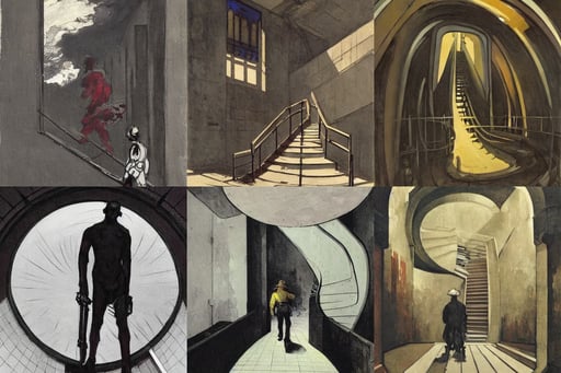 two dark man walking inside futuristic abandoned staircase, coat of arms, art by Winslow Homer, walking on the moon, Animation Concept Ar..., art by Francis Bacon, art by Eugène Delacroix, ISO6400, symmetrical face, big arms