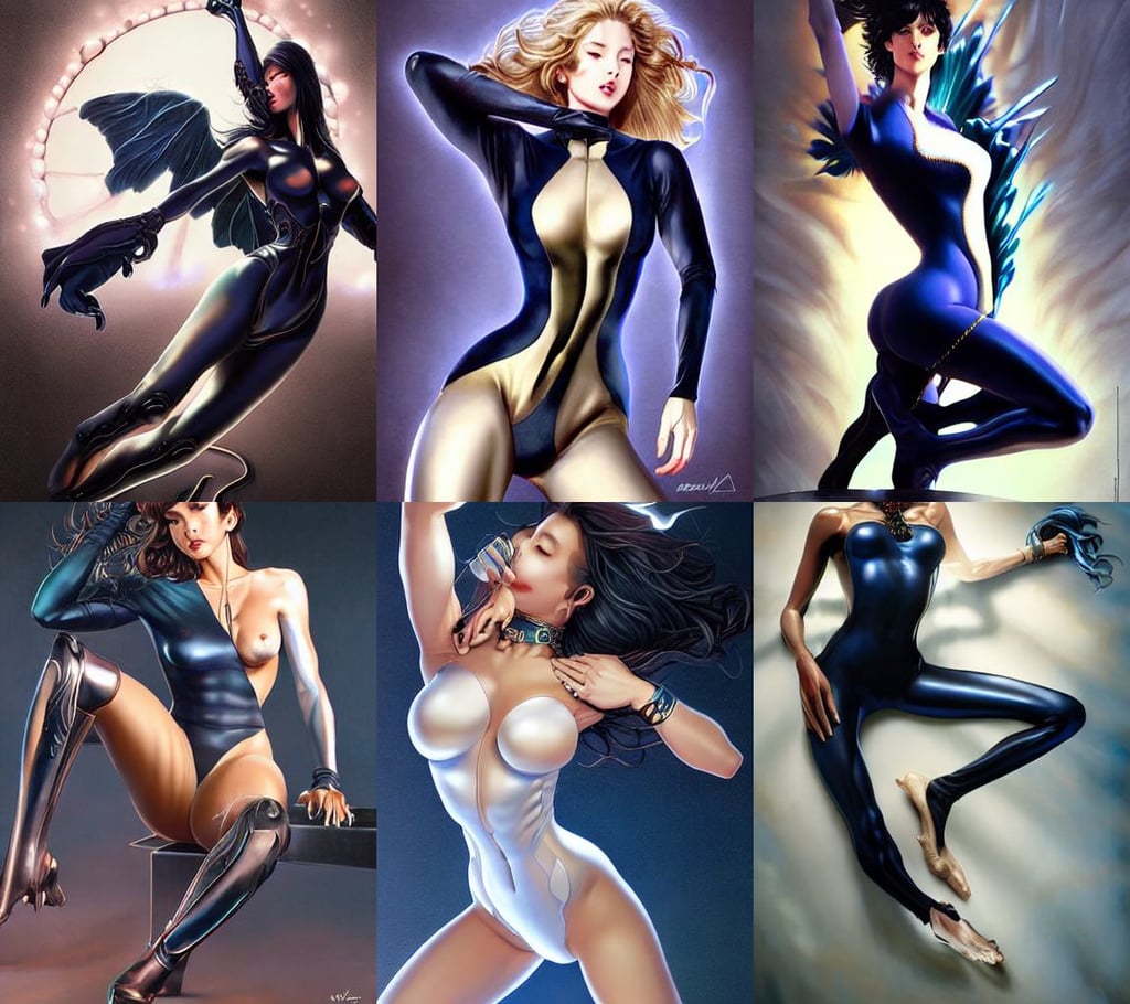 art by WLOP and Artgerm, by Hajime Sorayama and Boris Vallejo, elysian fields, tight solid matte navy blue lycra bodysuit, gelbooru, ornate jewelry, untidy hair, vibrant art, in the style of dark - fantasy, on a stark white background, detailed lighting, james jean andrei riabovitchev