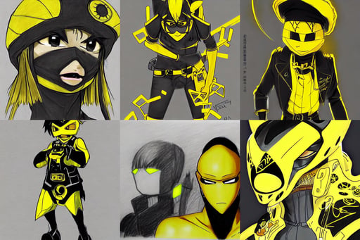 a drawing of a cartoon character in yellow and black, Anime by Cushart Krentz, gold mask, machines!!