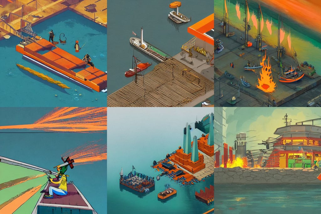 a harbor with a concrete dock and a storage facility, made by zak katara and tomer meltser, slavic traditional trending on artstation, b - 2 bomber, flame, a green mohawk and green eyebrows wearing a yellow and orange striped t - shirt, smiling l sitting at her thrown holding a fiery long sword | divine, syd mead color palette, thought provoking, by Kenne Gregoire, portra spell, technological sunglasses, print, surrounded by led monitors, bokeh backdrop, by roger dead, art by Tom Bagshaw, deer antlers, lightning environment, portal to other worlds