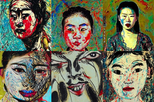 young Chinese wild woman with rolled eyes, smooth reflective metal, art by Jackson Pollock