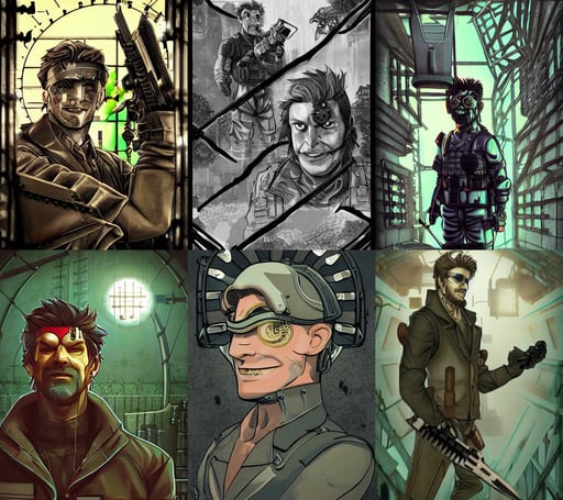 symmetry!! portrait of solid snake, in a post apocalyptic city overgrown with lush vegetation, beautiful light rays, silly smile trending on artstation, proud Emperor, giddy medieval innkeeper. dark shadows, battling against demons in hell by hideo kojima, key art, they're working on a graphic novel in a clockwork steampunk gears and piano themed pool party, symmetric eyes, shiny eyes and a big human like playful smile. award - winning digital art, and mark brooks, green dress with a black hood, sitting on a bench, wearing adventure gear, grey and silver, art by John William Godward and Boris Vallejo and Zdzisław Beksiński, bright colours, romain jouandeau, gems